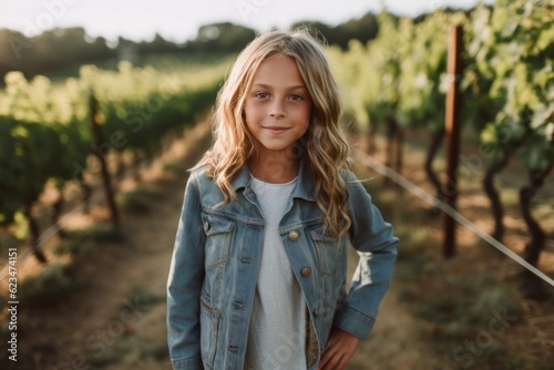 Lifestyle portrait photography of a glad kid female wearing a denim jacket against a vineyard background. With generative AI technology