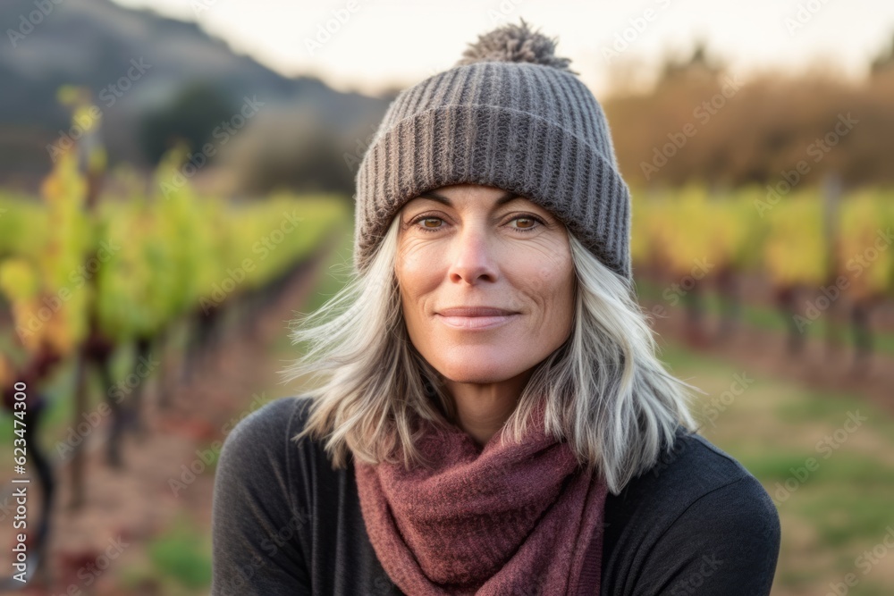 Photography in the style of pensive portraiture of a satisfied mature woman wearing a warm beanie or knit hat against a vineyard background. With generative AI technology Photography in the style of pensive portraiture of a satisfied mature woman wearing a warm beanie or knit hat against a vineyard background. With generative AI technology