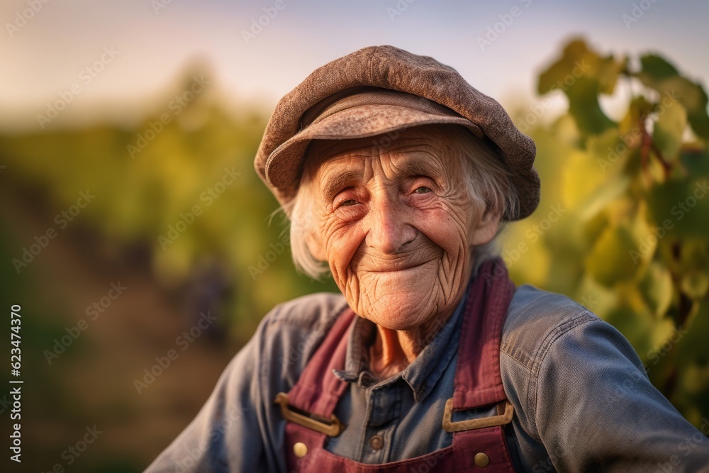 Photography in the style of pensive portraiture of a grinning old woman wearing a cool cap against a vineyard background. With generative AI technology
