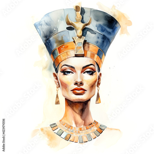 Nefertiti bust, Egyptian queen, wife of the Pharaoh Akhenaten. Digital watercolour.