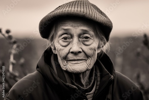 Photography in the style of pensive portraiture of a grinning old woman wearing a cool cap against a vineyard background. With generative AI technology