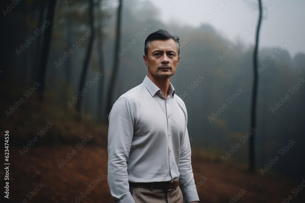 Medium shot portrait photography of a glad mature boy wearing an elegant long-sleeve shirt against a foggy forest background. With generative AI technology
