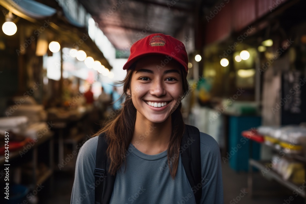 Medium shot portrait photography of a grinning girl in her 30s wearing a cool cap against a bustling marketplace background. With generative AI technology
