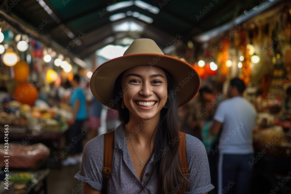Medium shot portrait photography of a grinning girl in her 30s wearing a cool cap against a bustling marketplace background. With generative AI technology
