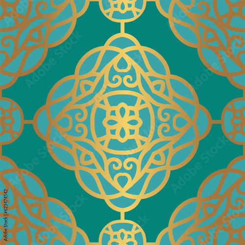 Gold and turquoise vector seamless pattern. Ornament  Traditional  Ethnic  Arabic  Turkish  Indian motifs. Great for fabric and textile  wallpaper  packaging design or any desired idea. 