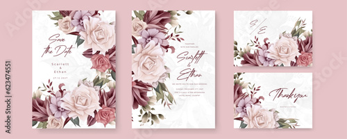 Floral wedding invitation card template design, colorful watercolor decorated with magnolia lili flora flowers on white
