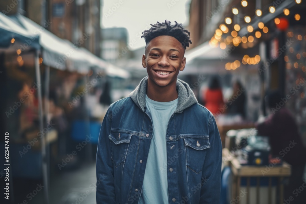Lifestyle portrait photography of a grinning mature boy wearing a denim jacket against a bustling marketplace background. With generative AI technology Lifestyle portrait photography of a grinning mature boy wearing a denim jacket against a bustling marketplace background. With generative AI technology