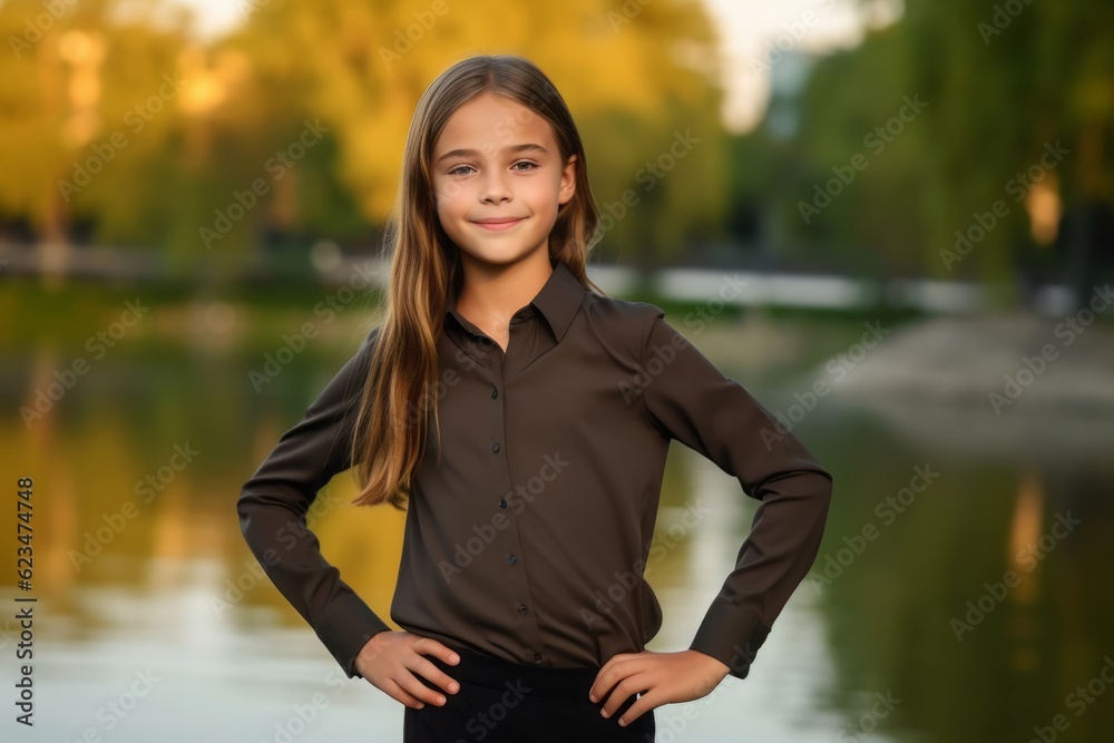 Urban fashion portrait photography of a satisfied kid female wearing an elegant long-sleeve shirt against a tranquil lake background. With generative AI technology Urban fashion portrait photography of a satisfied kid female wearing an elegant long-sleeve shirt against a tranquil lake background. With generative AI technology