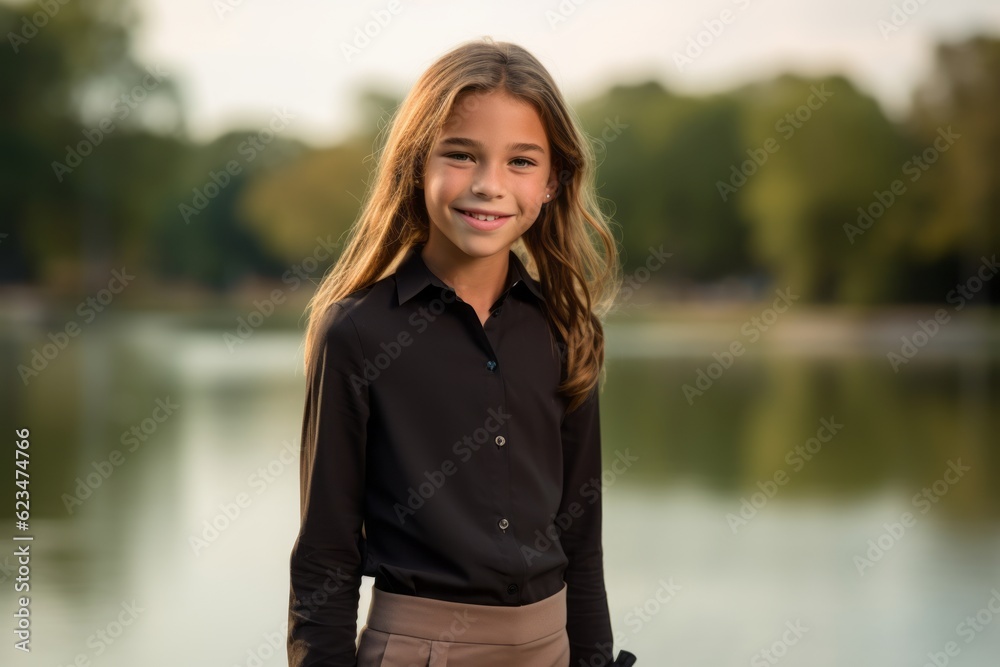 Urban fashion portrait photography of a satisfied kid female wearing an elegant long-sleeve shirt against a tranquil lake background. With generative AI technology