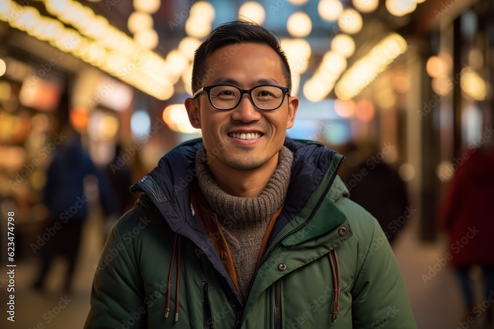 Φωτογραφία Lifestyle portrait photography of a glad boy in his 30s wearing a cozy winter coat against a bustling marketplace background