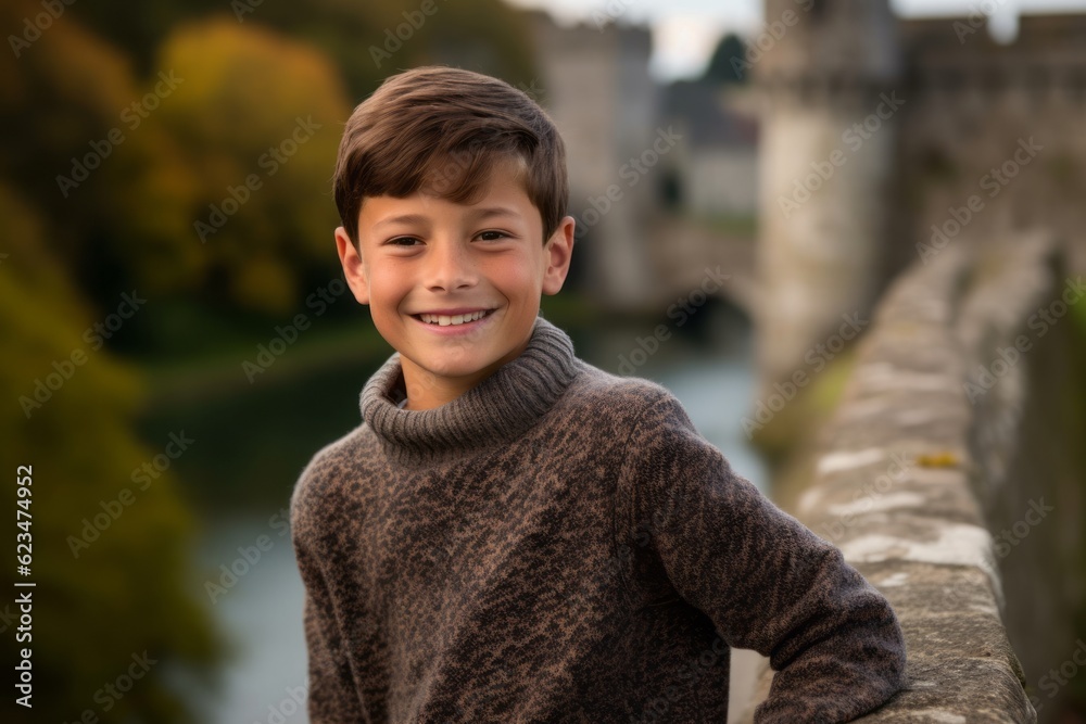 Sports portrait photography of a grinning boy in his 30s wearing a cozy sweater against a medieval castle background. With generative AI technology
