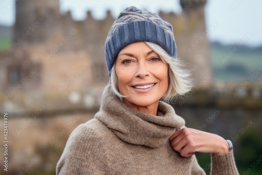 Three-quarter studio portrait photography of a glad mature woman wearing a cool cap against a medieval castle background. With generative AI technology Three-quarter studio portrait photography of a glad mature woman wearing a cool cap against a medieval castle background. With generative AI technology