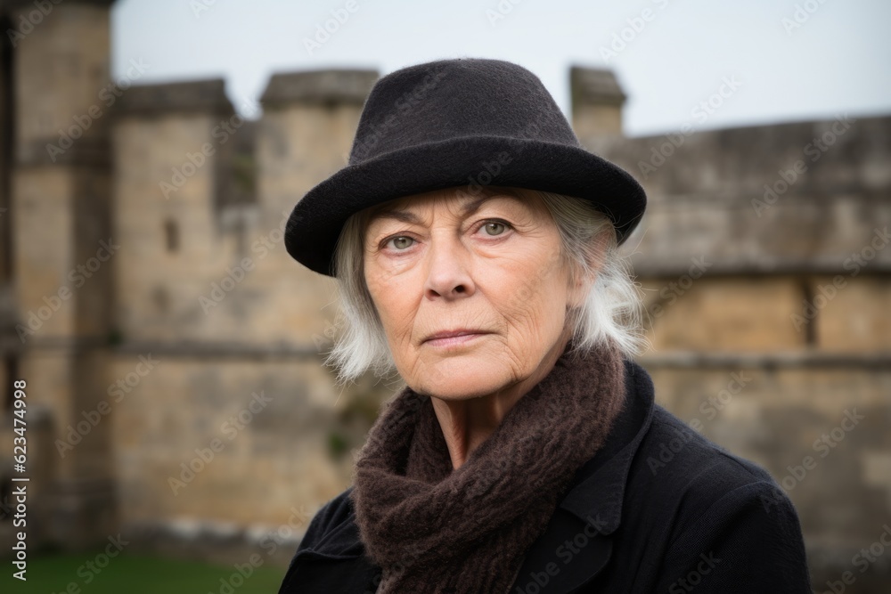 Three-quarter studio portrait photography of a glad mature woman wearing a cool cap against a medieval castle background. With generative AI technology