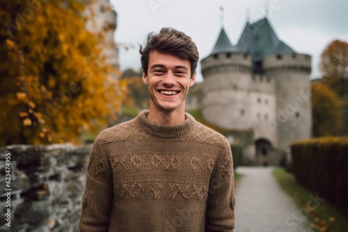Sports portrait photography of a grinning boy in his 30s wearing a cozy sweater against a medieval castle background. With generative AI technology