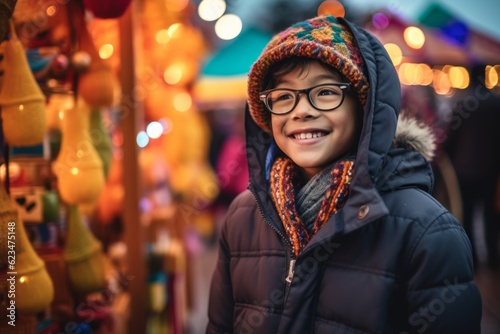 Lifestyle portrait photography of a tender boy in his 30s wearing a cozy winter coat against a vibrant festival background. With generative AI technology © Markus Schröder