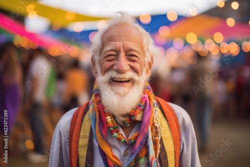 Lifestyle portrait photography of a grinning old man wearing a colorful neckerchief against a vibrant festival background. With generative AI technology