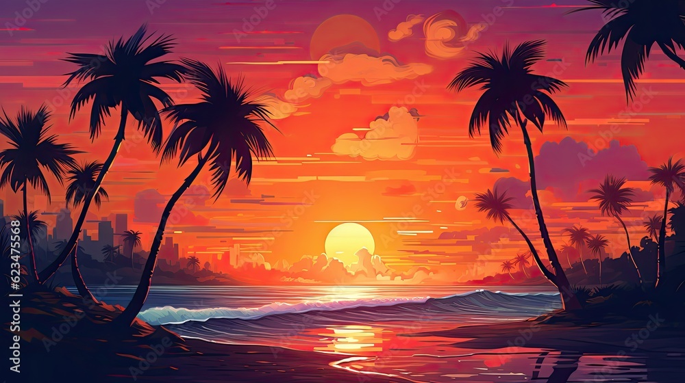 Tropical sunset on the beach with palm trees, vector illustration