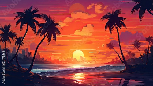 Tropical sunset on the beach with palm trees  vector illustration
