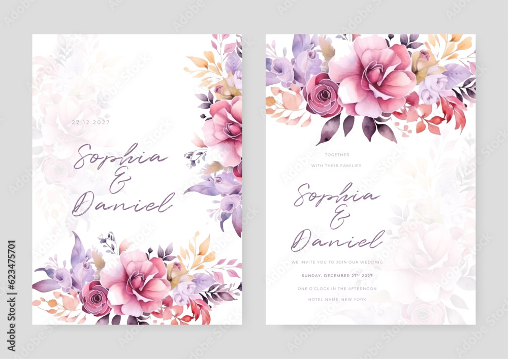 Wedding invitation card template suit with elegant flowers and gold decoration. Roses and leaves botanic illustration for background, save the date, invitation, greeting card, poster vector