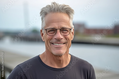 Headshot portrait photography of a glad mature man wearing a casual t-shirt against a riverfront background. With generative AI technology
