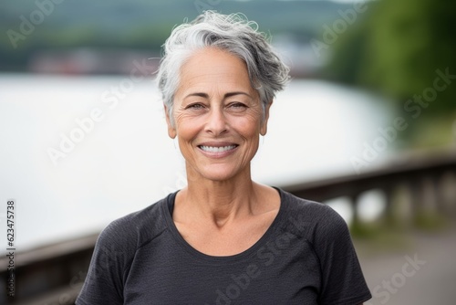 Three-quarter studio portrait photography of a satisfied mature woman wearing a casual t-shirt against a riverfront background. With generative AI technology © Markus Schröder