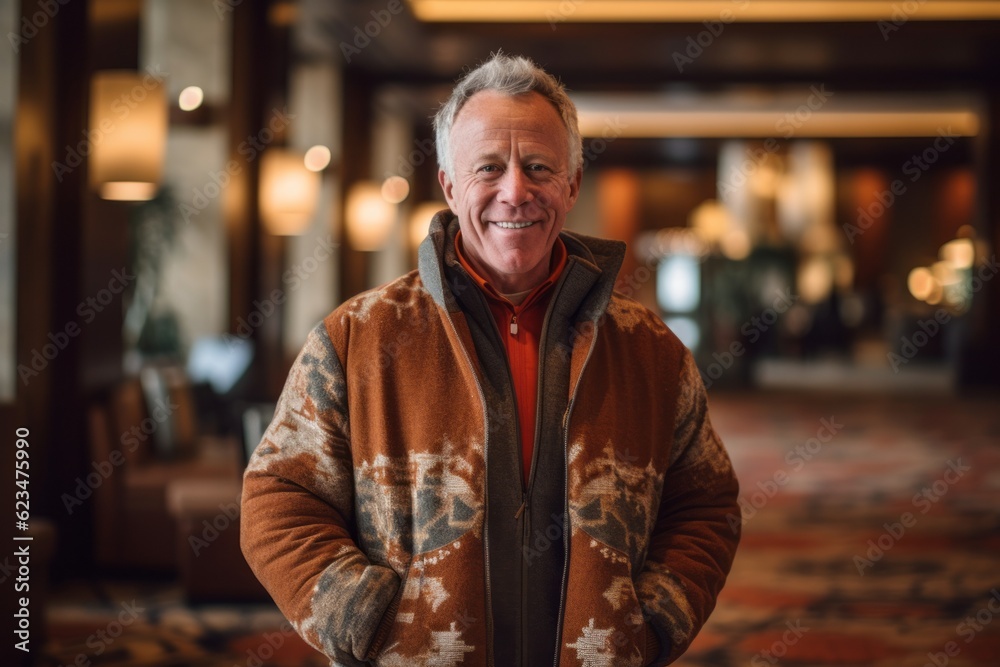 Environmental portrait photography of a grinning mature man wearing a cozy winter coat against a swanky hotel lobby background. With generative AI technology