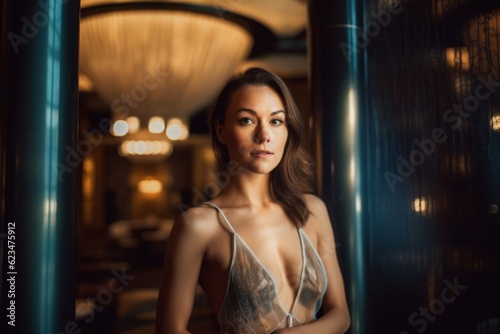 Editorial portrait photography of a glad girl in her 30s wearing a intimate apparel against a swanky hotel lobby background. With generative AI technology © Markus Schröder