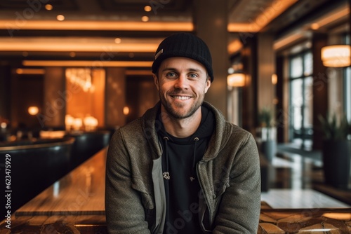 Lifestyle portrait photography of a glad boy in his 30s wearing a cool cap or hat against a swanky hotel lobby background. With generative AI technology