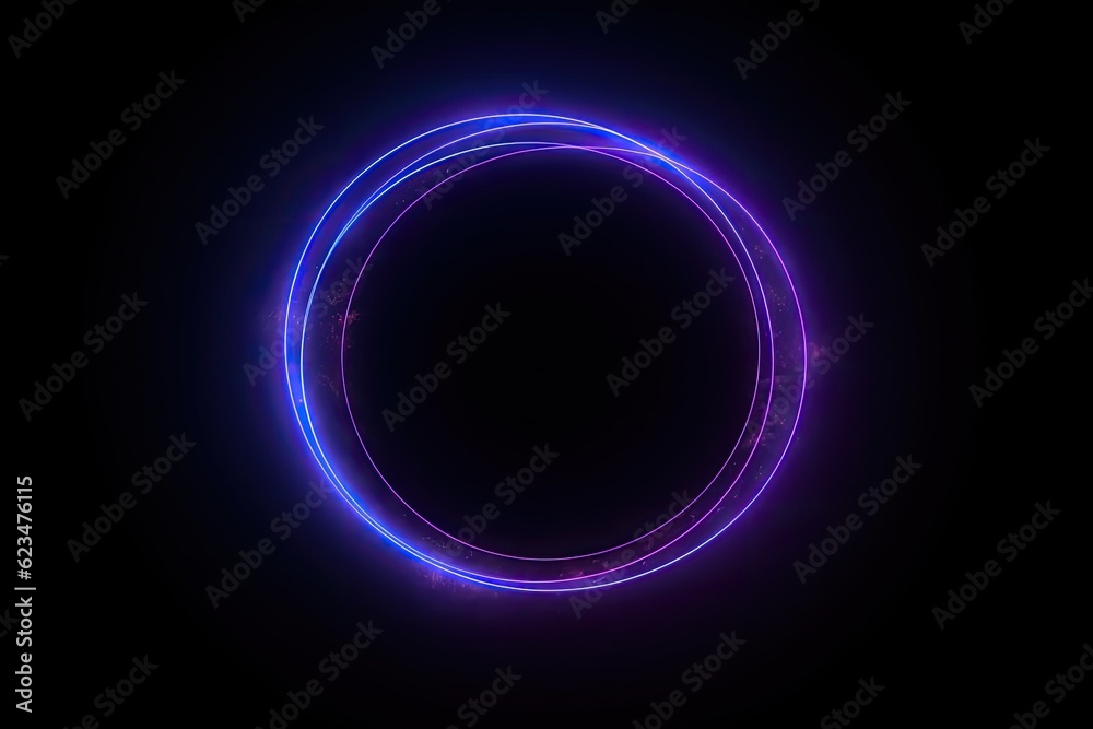 Glowing purple neon circle on black background. Generative AI