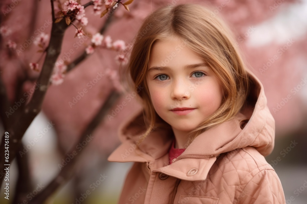 Three-quarter studio portrait photography of a satisfied mature girl wearing a cozy winter coat against a cherry blossom background. With generative AI technology Three-quarter studio portrait photography of a satisfied mature girl wearing a cozy winter coat against a cherry blossom background. With generative AI technology