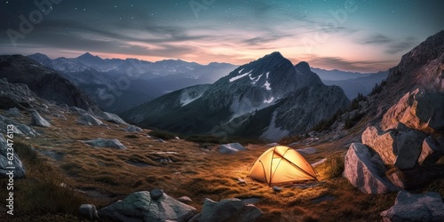 Campground in the mountains. Camping tourism in the highlands for stargazing. Generative AI