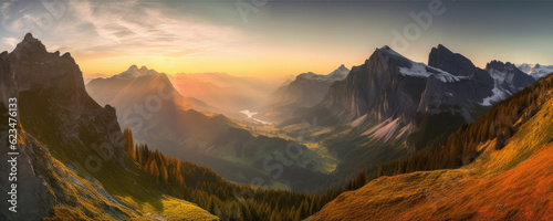 Landscape view of mountain sunset with green valley and river. Generative AI