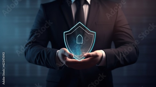 Businessman holding shield protect icon Security
