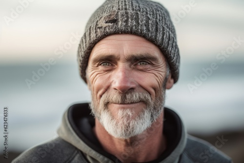 Close-up portrait photography of a satisfied mature man wearing a warm beanie against a serene beach background. With generative AI technology © Markus Schröder