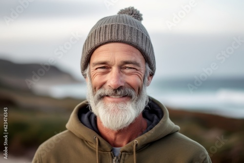 Close-up portrait photography of a satisfied mature man wearing a warm beanie against a serene beach background. With generative AI technology