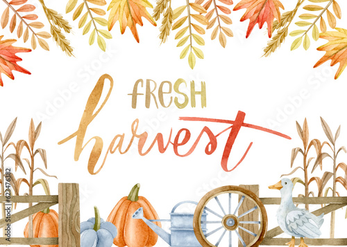 Fresh harvest watercolor frame with lettering, leaves, pumpkins and corn with fence
