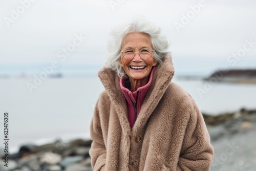 Lifestyle portrait photography of a satisfied old woman wearing a cozy winter coat against a serene beach background. With generative AI technology