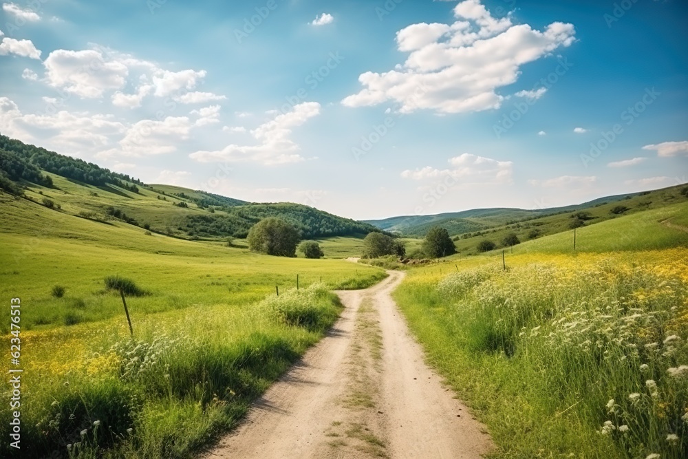 Naklejka premium dirt road through grassy meadow. rural landscape