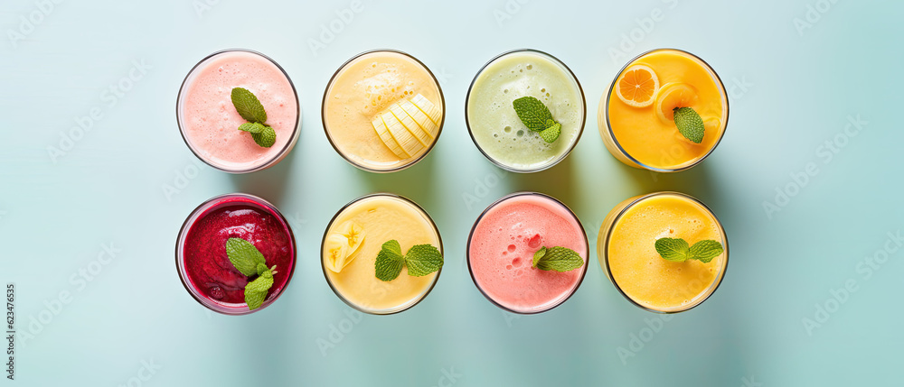 Refreshing Variety: Top View of Assorted Fresh Fruit Smoothies Refreshing Variety: Top View of Assorted Fresh Fruit Smoothies