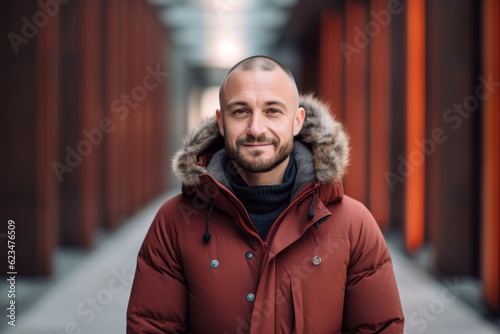 Casual fashion portrait photography of a glad boy in his 30s wearing a warm parka against a modern art gallery background. With generative AI technology