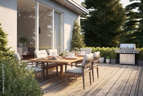 Modern home terrace. Luxury outdoor table with chairs