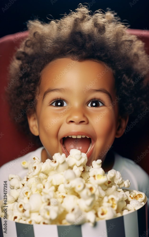 A greedy and happy child eats popcorn with his mouth wide open A greedy and happy child eats popcorn with his mouth wide open