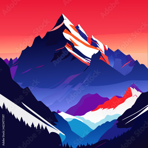 Mountain landscape with snow, blue and red colors. Vector illustration