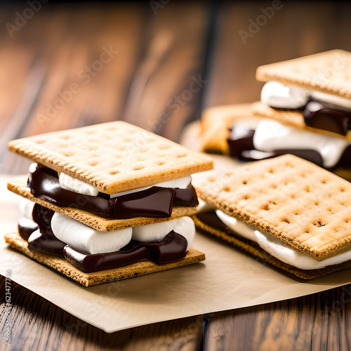 S'mores on a Food Paper Sheet Set on a Wood Table. 