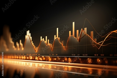 Financial Trend Graphs on Wall with Computer and Digital Clock in Light Orange and Dark Gold, Atmospheric Effects, Generative AI