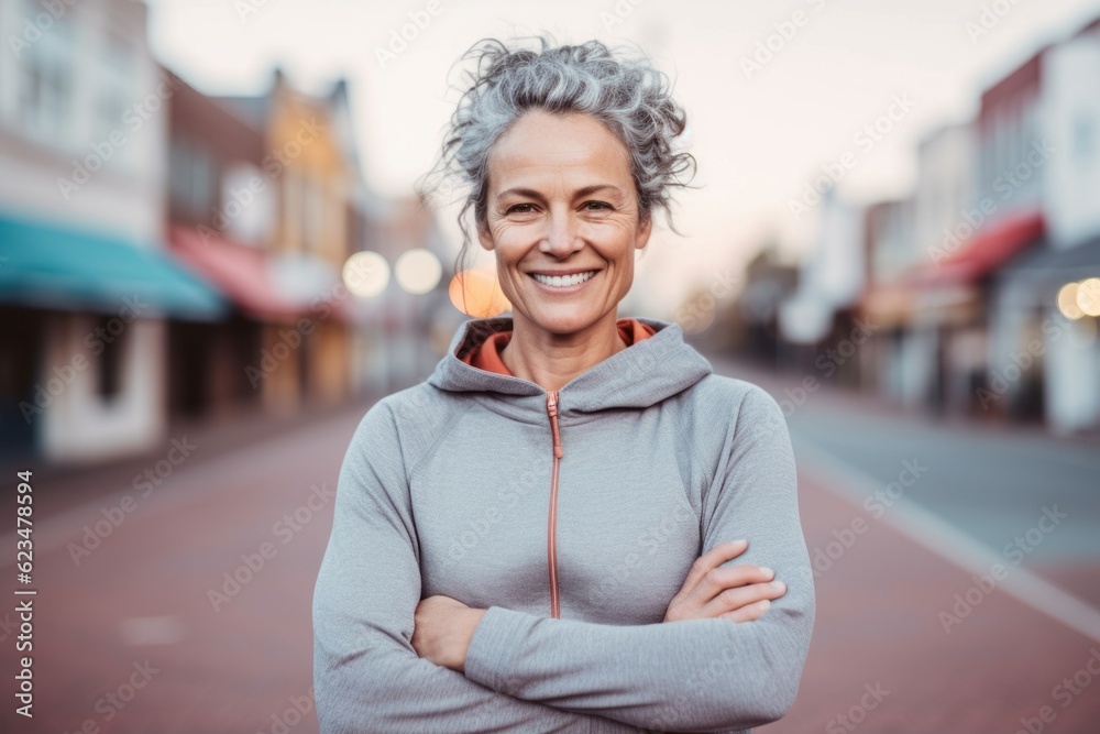 Casual fashion portrait photography of a grinning mature girl wearing a comfortable tracksuit against a small town main street background. With generative AI technology Casual fashion portrait photography of a grinning mature girl wearing a comfortable tracksuit against a small town main street background. With generative AI technology