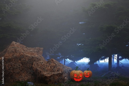 Spooky forest with fog and mist, halloween concept. 3d Render