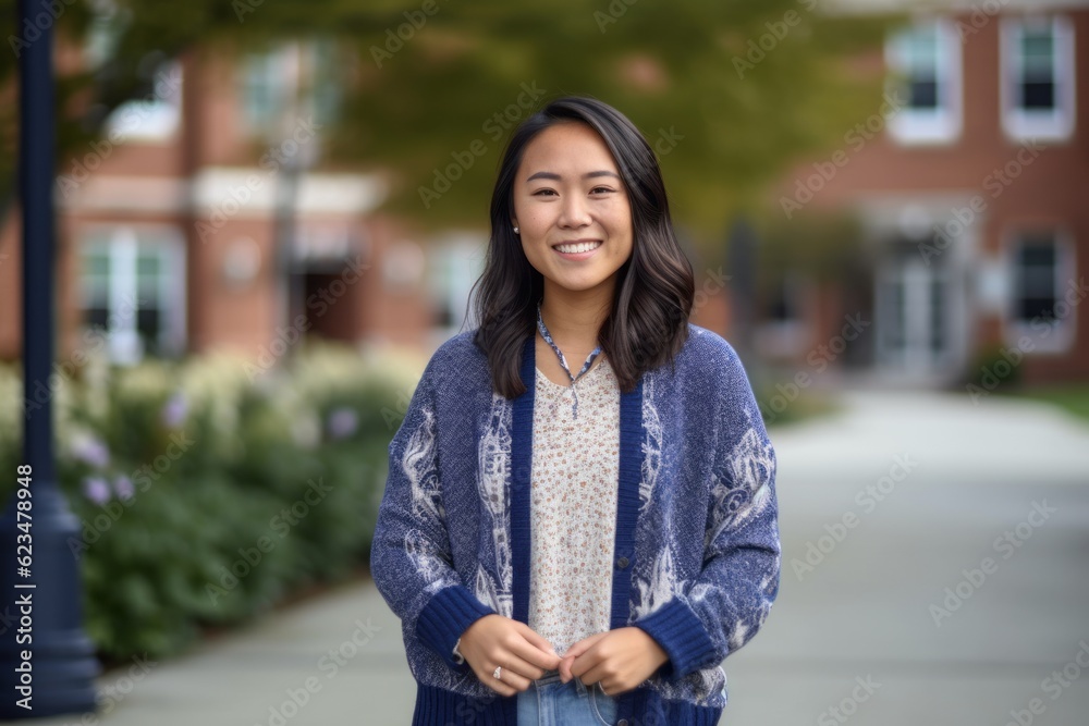 Lifestyle portrait photography of a happy girl in her 30s wearing a chic cardigan against a school campus background. With generative AI technology Lifestyle portrait photography of a happy girl in her 30s wearing a chic cardigan against a school campus background. With generative AI technology