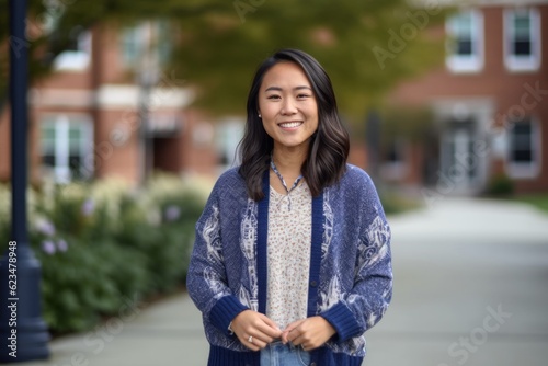 Lifestyle portrait photography of a happy girl in her 30s wearing a chic cardigan against a school campus background. With generative AI technology