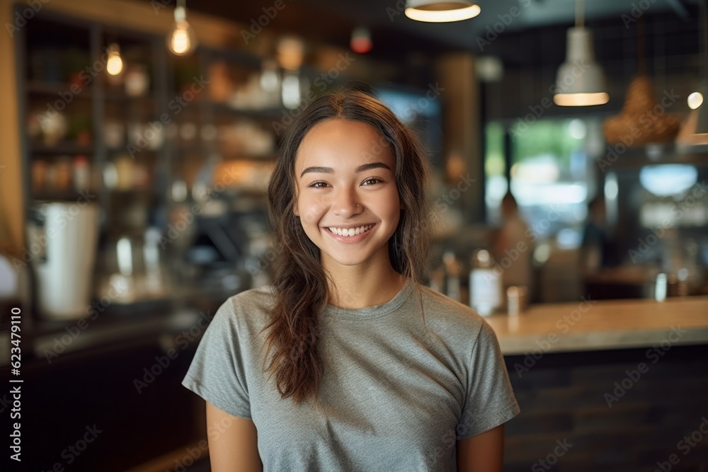 Headshot portrait photography of a satisfied kid female wearing a casual short-sleeve shirt against a cozy coffee shop background. With generative AI technology Headshot portrait photography of a satisfied kid female wearing a casual short-sleeve shirt against a cozy coffee shop background. With generative AI technology